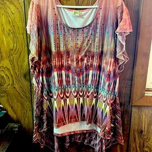 One World Multicolor Tunic Top with Lace 2XL